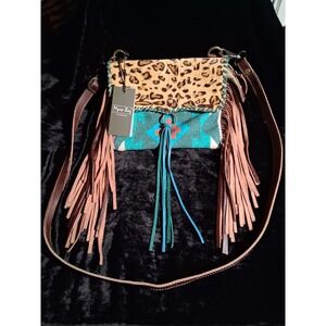 Myra Leather Calf Hair Leopard Print Shoulder Bag Western Fringe Statement Purse